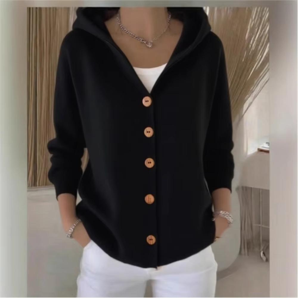 Solid Color Button Knit Hooded Sweater Cardigan Jacket For Autumn Winter New Casual Fashionable Women's Clothing Pulls Femmes