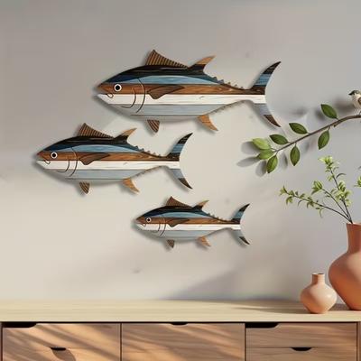 3 Piezas de Arte de Pared de Madera con Forma de Pez Tema Náutico Costero Decoración de Pared Escultura de Pared Vintage de Playa Adorno Colgante de Océano para Baño Dormitorio
