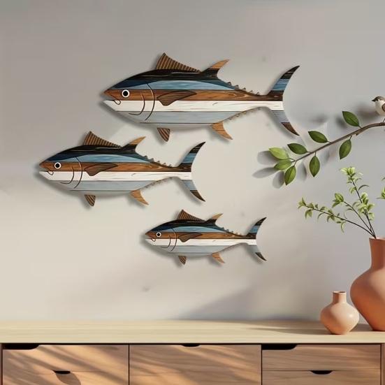 3 Pcs Wooden Fish Wall Art Nautical Coastal Theme Wall Decor Vintage Beach Wall Sculpture Lake House Hanging Ocean Ornament for Bathroom Bedroom