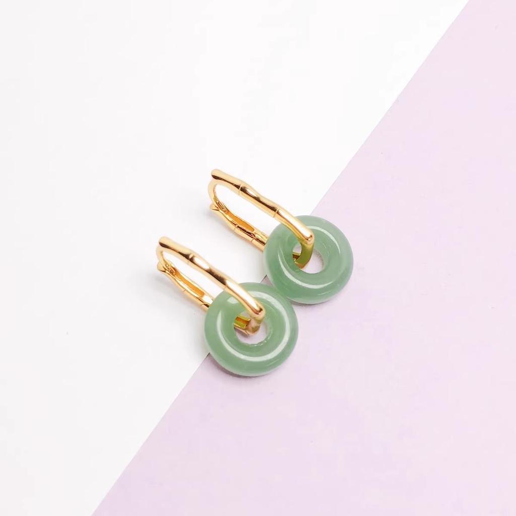 S925 Sterling Silver Bamboo Jade Drop Earrings with Safety Ring Clip