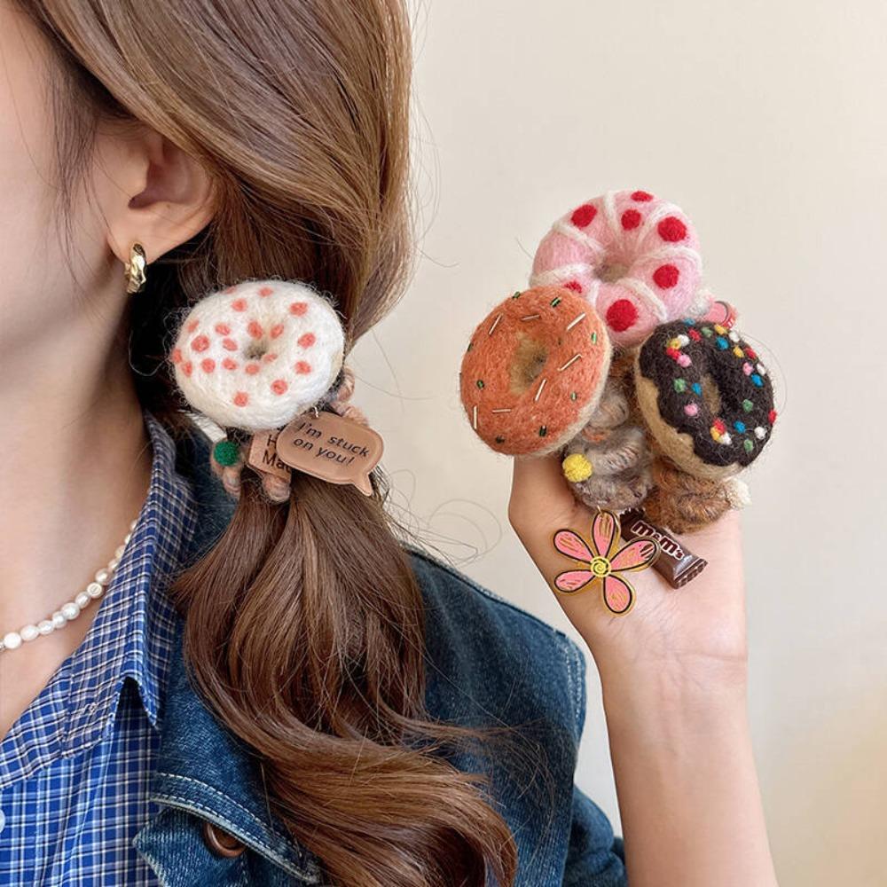 Wool Felt Telephone Line Hair Rope Straight Cookies Ponytail Holder Plush Donut Hair Ring  Daily
