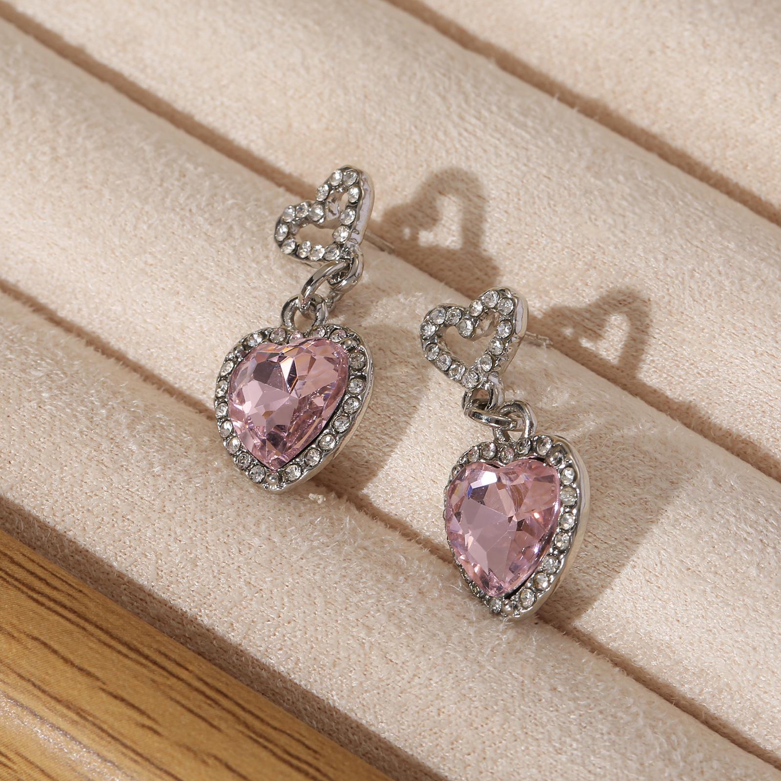 

Pink Heart Drop Earrings Silvery Crystal Rhinestone Dangle Earrings Romantic Jewelry Gift for Women