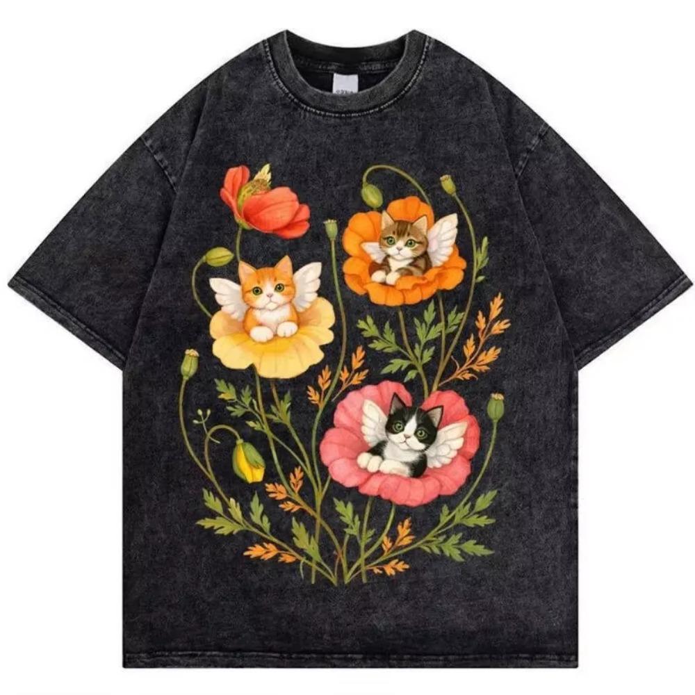 Vintage Washed Black Cat Toast T-Shirt Funny Bread Kitten Graphic Tee Oversized Streetwear Hip Hop Daily Wear Cool Top