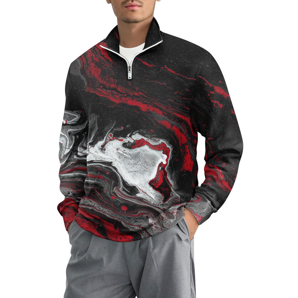 Men's Loose Casual 1/4 Zip Sweatshirt Fashion Printed Long Sleeve Top With Pockets