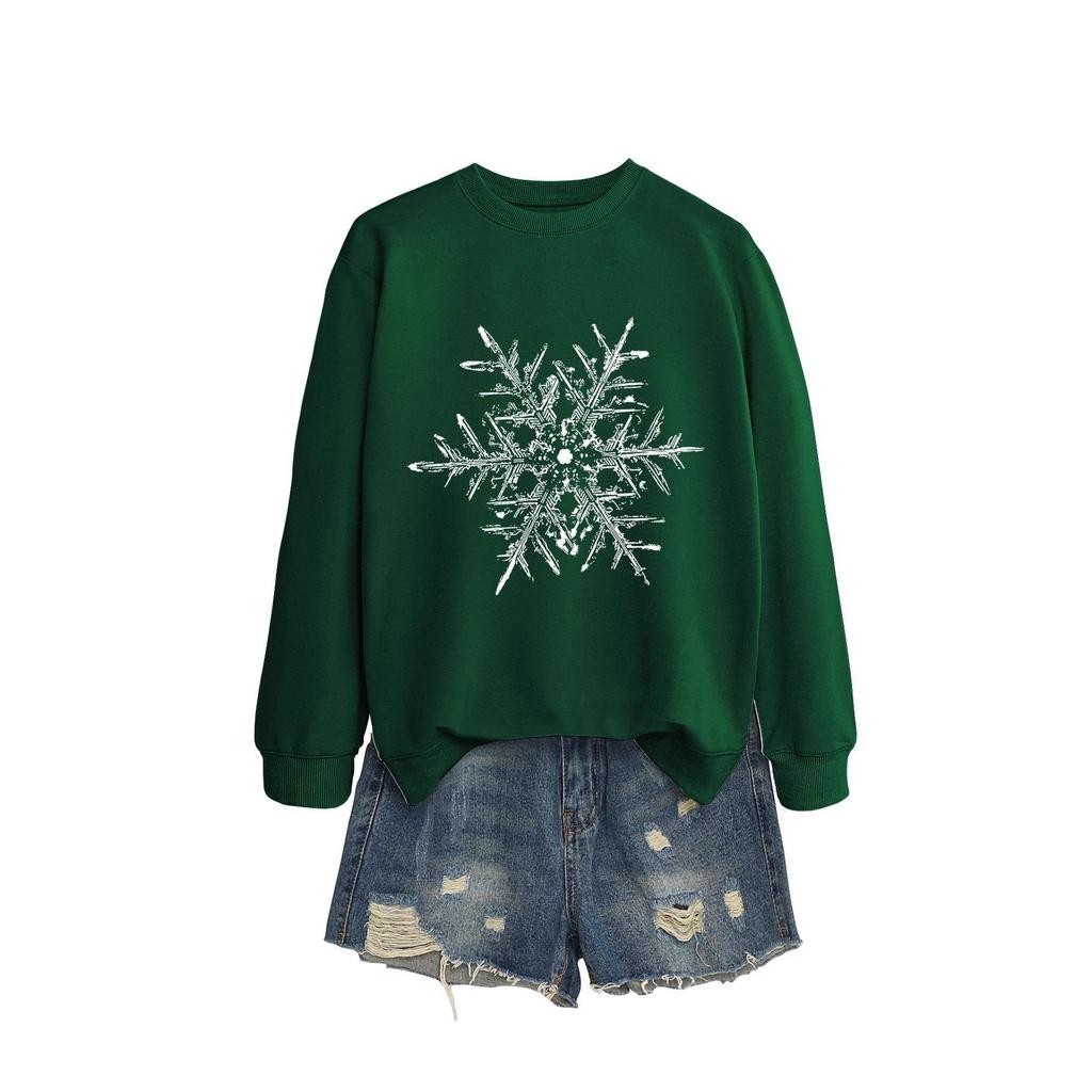 Women's Black & White Snowflake Round Neck Long Sleeve Hoodie - Christmas Casual Fashion for Autumn/Winter.