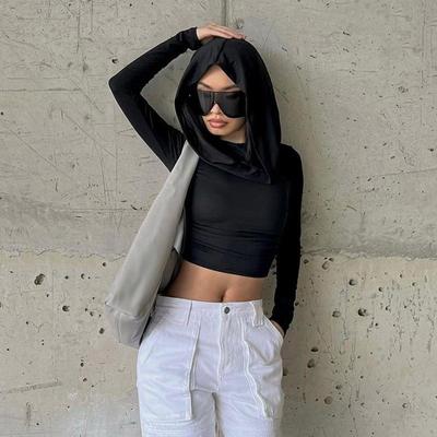 Women's Hooded Crop Tops Autumn Solid Color Long Sleeve Cowl Neck Slim Fit Short T-Shirt Streetwear Sporty Basics Tees