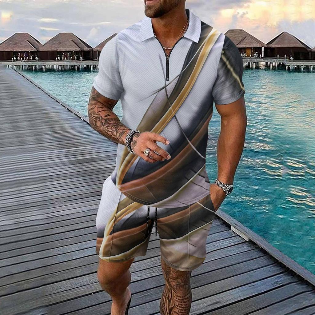 Men's Summer Printed Zipper Lapel Short Sleeve Top Shorts Suit Men's Casual Sports Suit