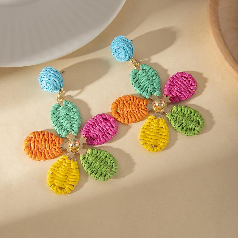 Dopamine Flower Woven Earrings: Summer Beach Raffia Studs for Women