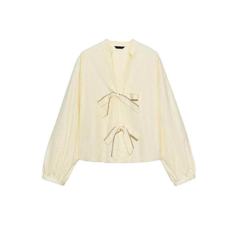 

Fall New Women s Clothing French round Neck Long Sleeves Thread Bowknot Decoration Stripes Poplin Shirt 1971160 Yellow L