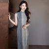 Striped daily sleeveless national style new Chinese long cheongsam improved young 1011 new women's high sense summer