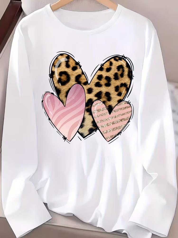 (Asian Size) Fashion Print T Shirt Autumn Winter Spring Casual Tee Leopard Love Trend Women Clothing Top O-neck Graphic Long Sleeve T-shirts
