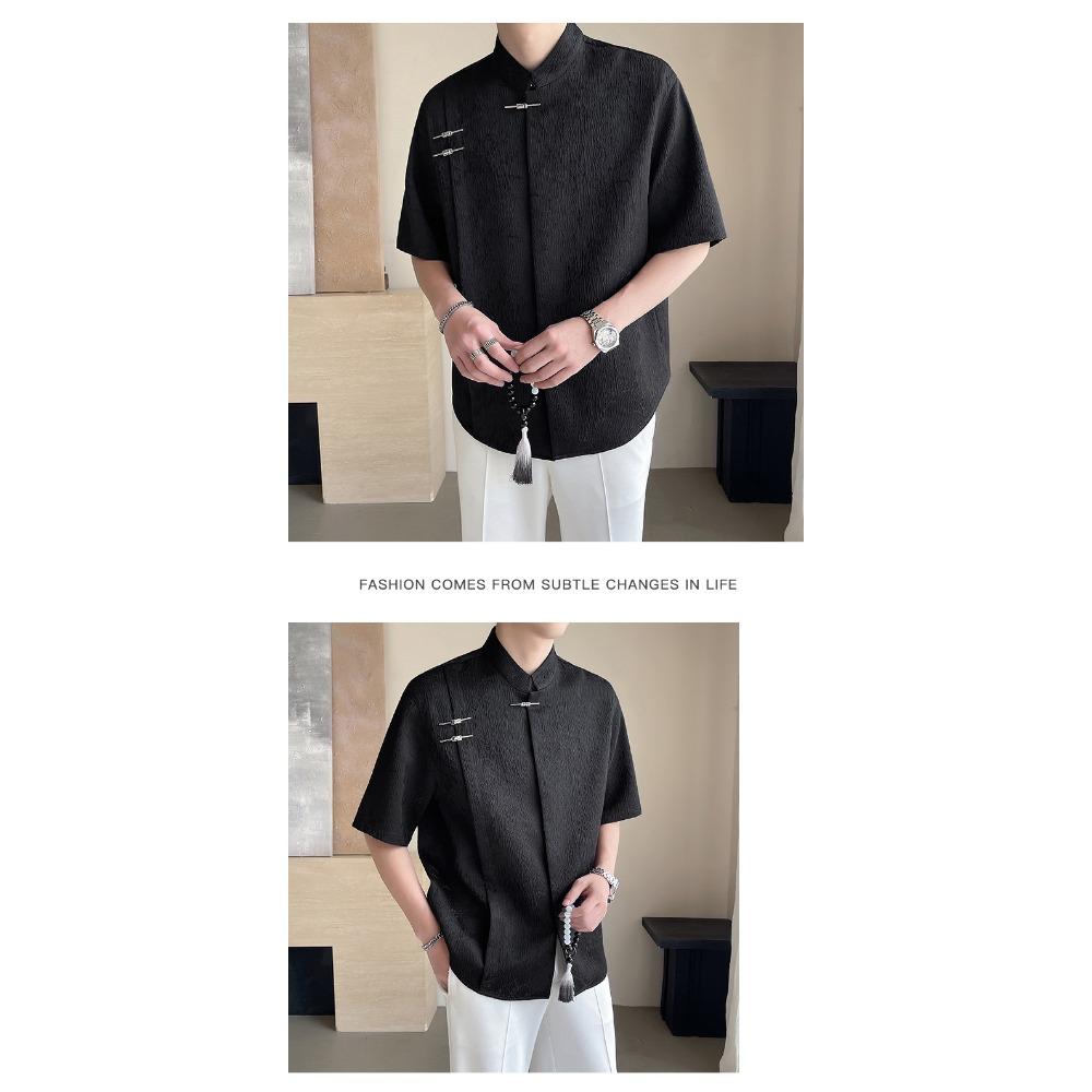 Summer New Chinese Style Jacquard Short Sleeved Shirt Men's New Loose Chinese Style Stand Up Collar Shirt