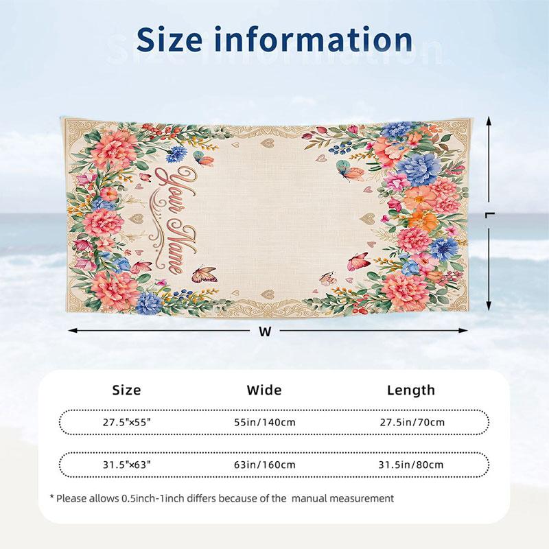 Floral Garden Theme Beach Towel Personalized Custom Name & Text Soft Quick Dry Beach Towel for Swimming Travel