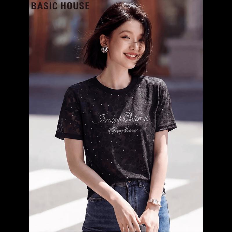 Basic House Women s Embroidered Hot-Drill Short Sleeve T-Shirt 2XL