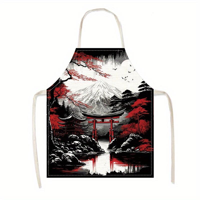 1pc, Linen Apron Japanese Scenery Mount Fuji Torii Gate Art Print Home Decor Kitchen Gift for Japan Culture Lover 38X47cm(15X19in)