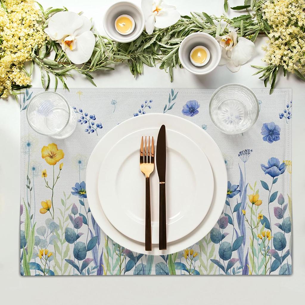 Watercolor Floral Placemats Set of 4 Blue Yellow Poppy Flowers Washable Non-Slip Heat Resistant 12×18 Inch Spring Summer Seasonal Linen Fabric Table M
