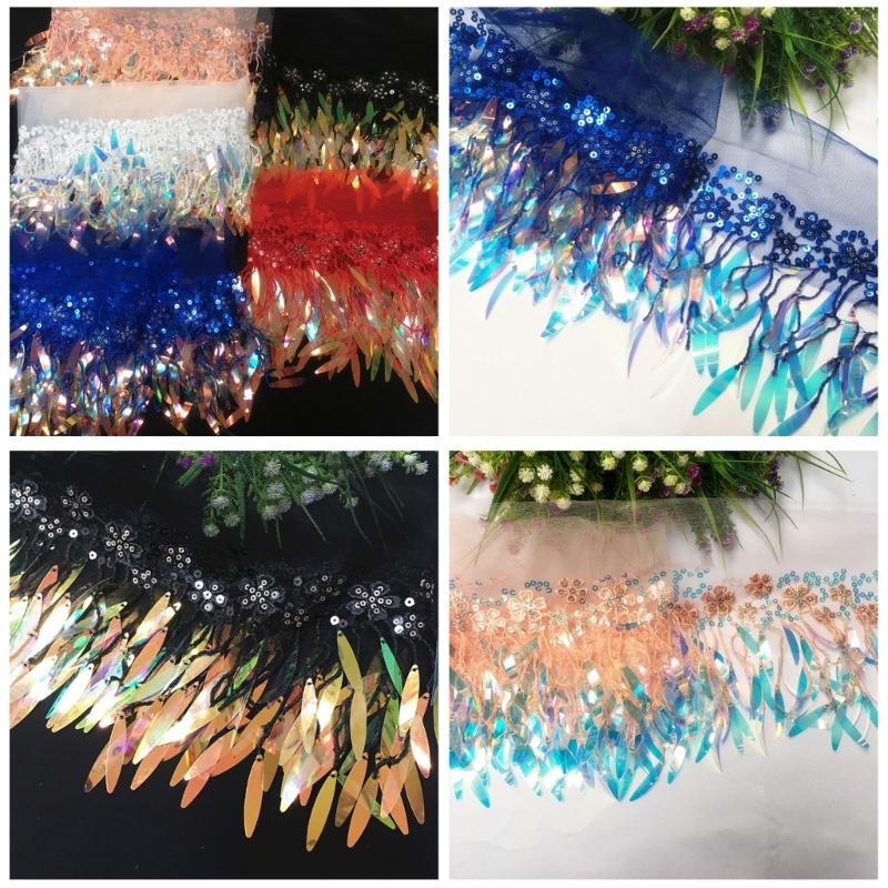 1 Yard Sequins Lace Sewing Garments Accessories DIY Fringe Mesh Tassel Embroidered Ribbon Sewing Craft for Dance Party