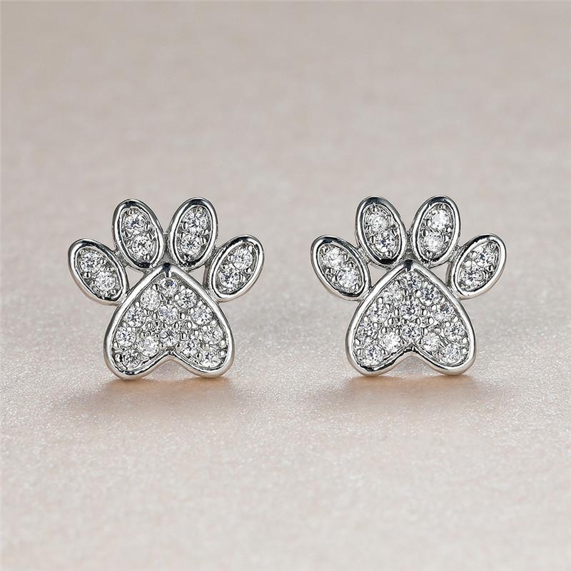 Cute Heart Cat Paw White Zircon Stud Earrings For Women Vintage Fashion Animal Footprint Crystal Stone Earrings Wedding Jewelry