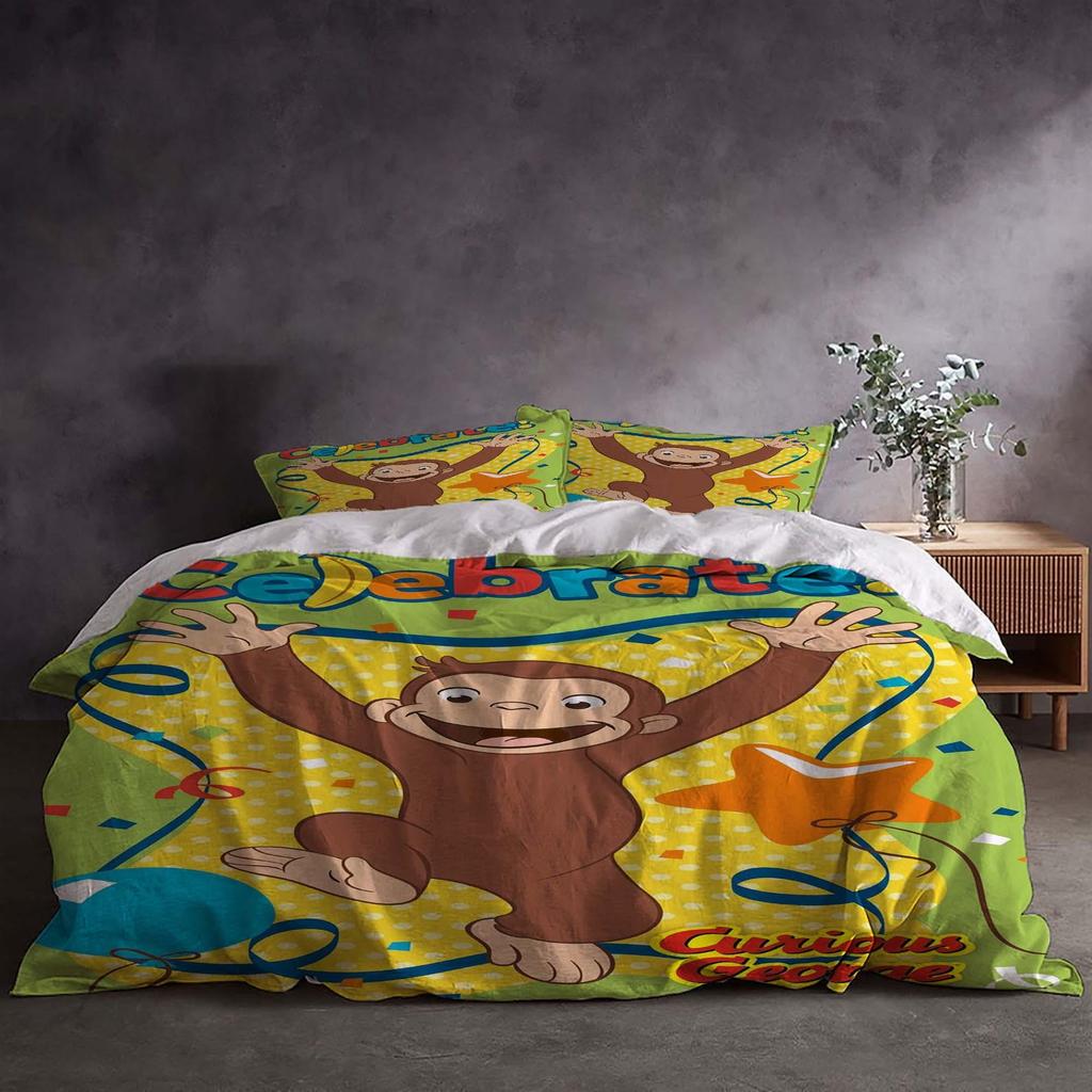 Festive Christmas Gift Curious George Quilt Cover Set, Twin Size 3-Piece, Duvet Cover, Lightweight Bedding for Holiday Gifting Birthday.