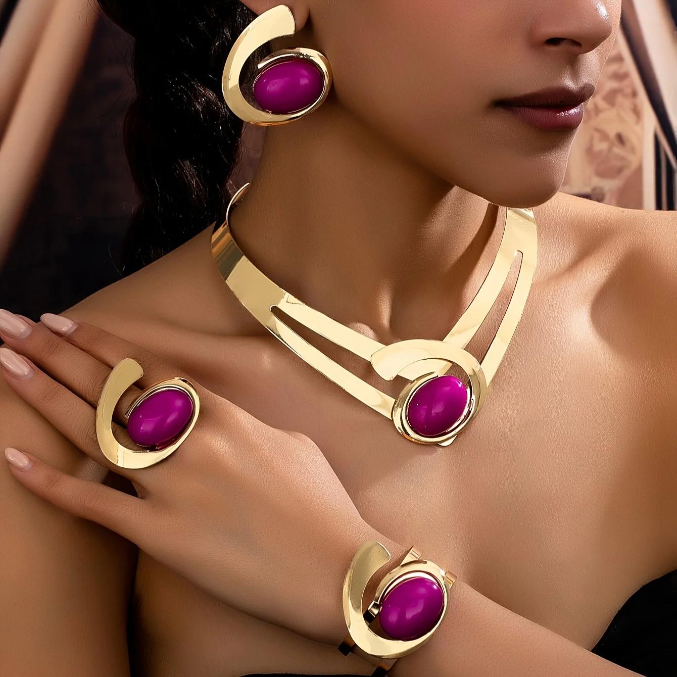

5-piece Elegant Holiday Style Women s Jewelry Set - Asymmetrical Gemstone Necklace, Earrings, Bracelet and Ring