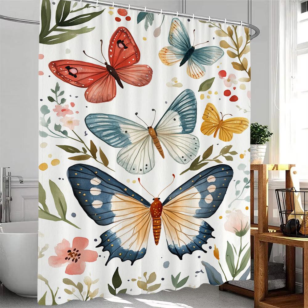 Butterfly Floral Shower Curtain Rose Flowers Plant Botanical Bathroom Decor Elegant Polyester Fabric Bath Curtain with Hook
