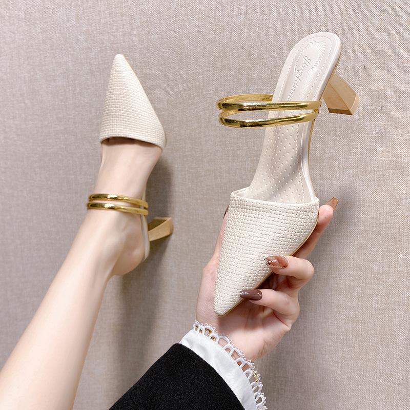 Summer Women's Fashion Pointed Sandals Elegant Temperament High Heeled Comfortable Color Blocked Slip On Half Slippers 2026