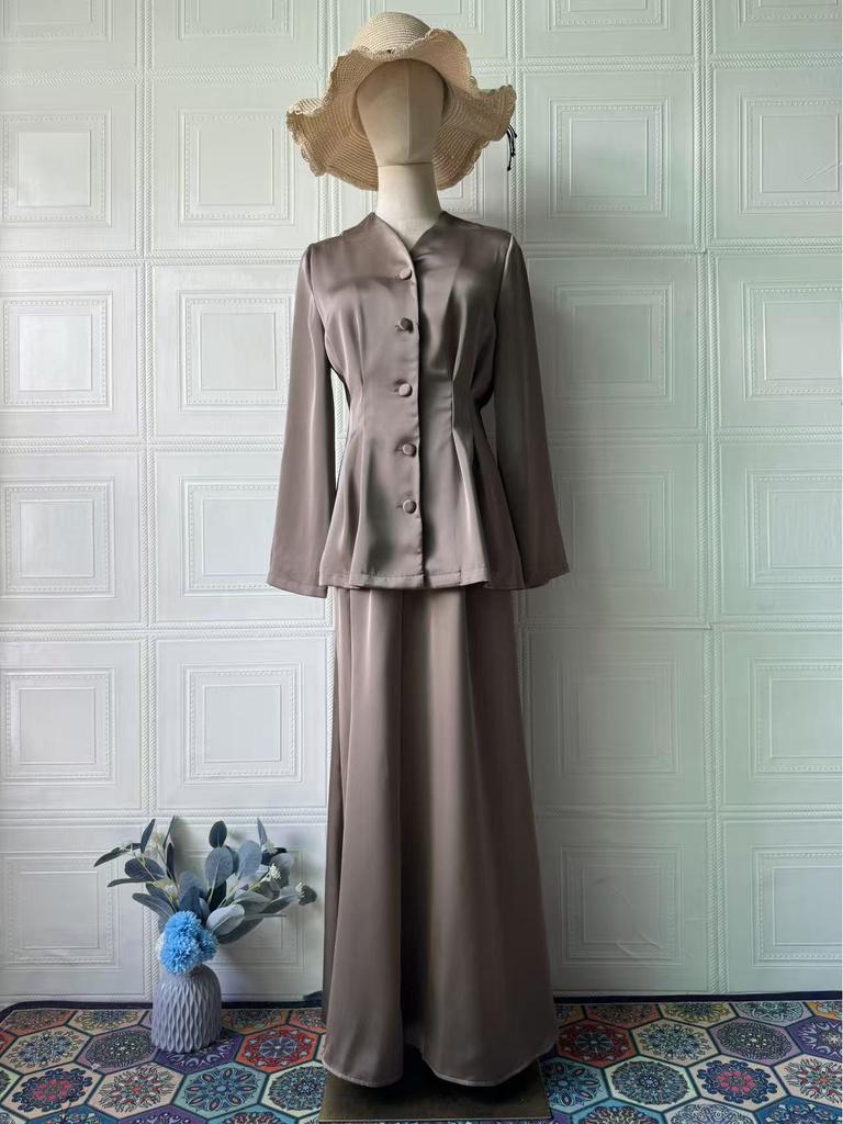2025 Spring Elegant Retro Women's Solid Color Long Sleeve Top and Skirt Set