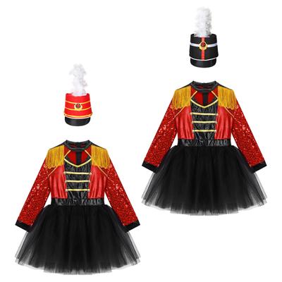Kids Honor Guard Costume Long Sleeve Tassel Shoulder Zipper Tutu Leotard Feather Hat Ceremonial Dress Up Outfit