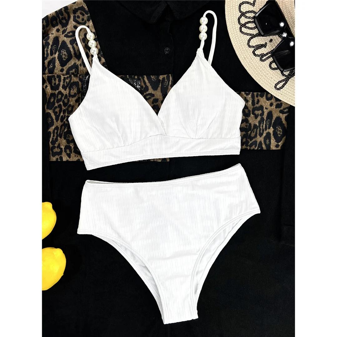 

Женский купальник с ребристым жемчугом, бикини с высокой талией, женский купальник, состоящий из двух частей, комплект бикини с подкладкой, купальный костюм для плавания S белый