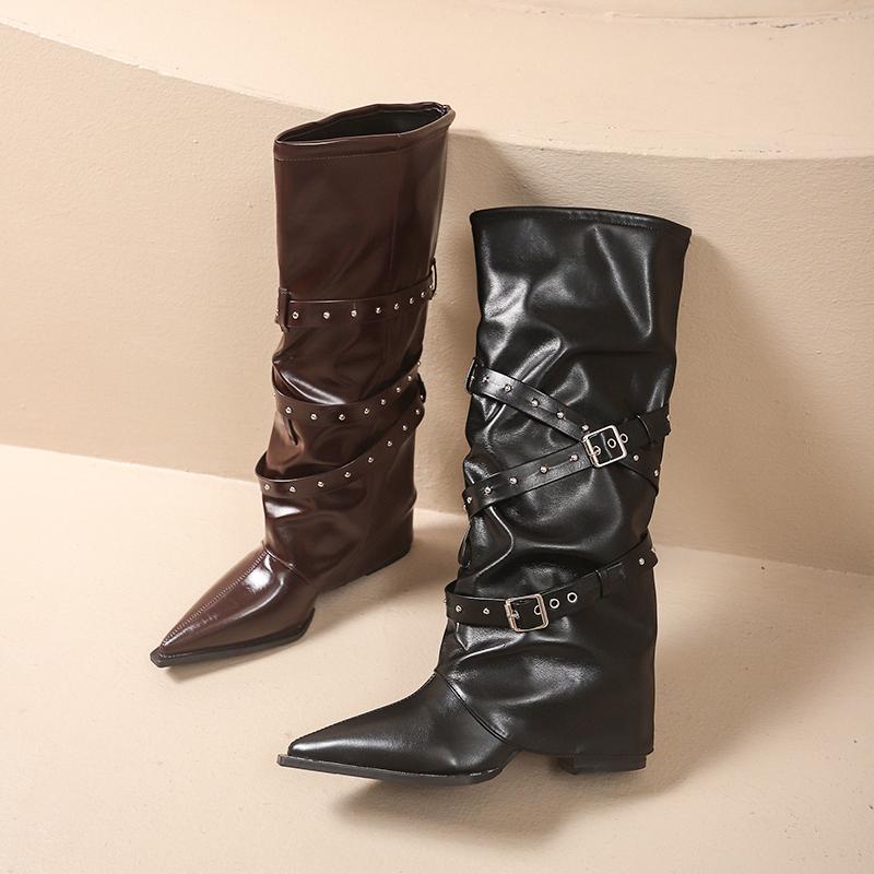 Fashion Designer Women's Boots Spring Cosy Pointed Toe Woman Shoes  Fashion Sexy Knee-High Boots for Women Belt Buckle Thick Heel Boots