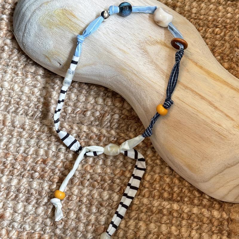 Love Pendant Patchwork Cloth Clavicle Chain Multicolor Wood Bead Necklace Ethnic Style Jewelry Accessories