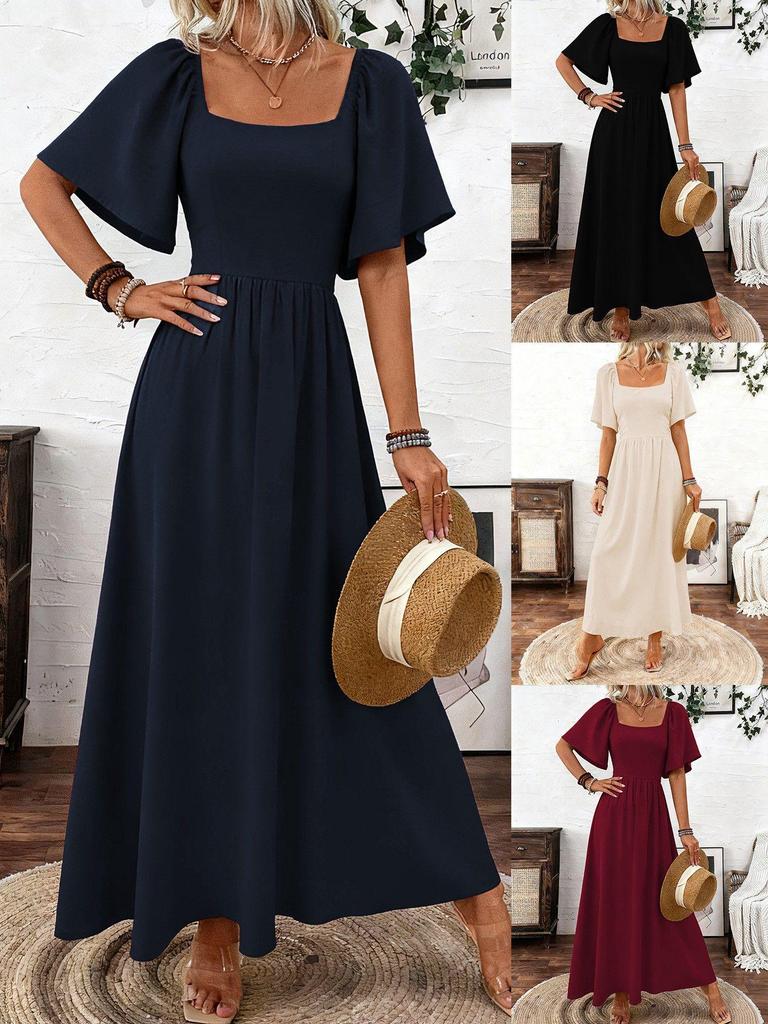 Damen Boho-Kleid mit quadratischem Ausschnitt und Rüschenärmeln