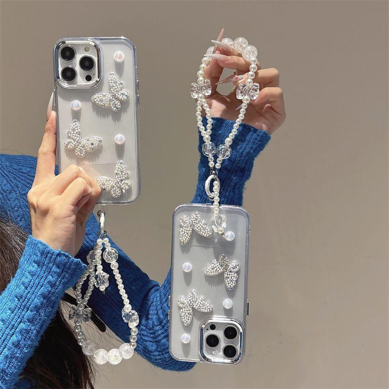 Applicable To Apple 15 Mobile Phone Case Three-dimensional Pearl Butterfly 17promax Transparent 13 Niche Luxury Women's 12 Soft Case