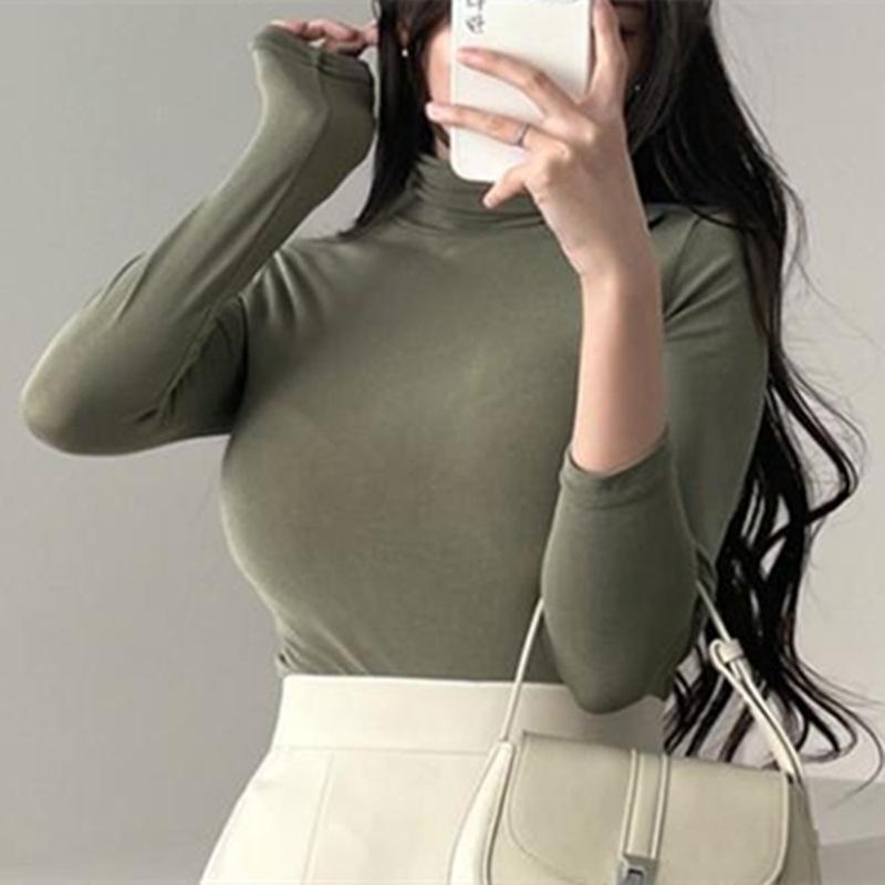 Korean Dongdaemun Women's Slim-Fit Cashmere High Neck Long Sleeve T-Shirt - Soft, Smooth, and Figure-Flattering