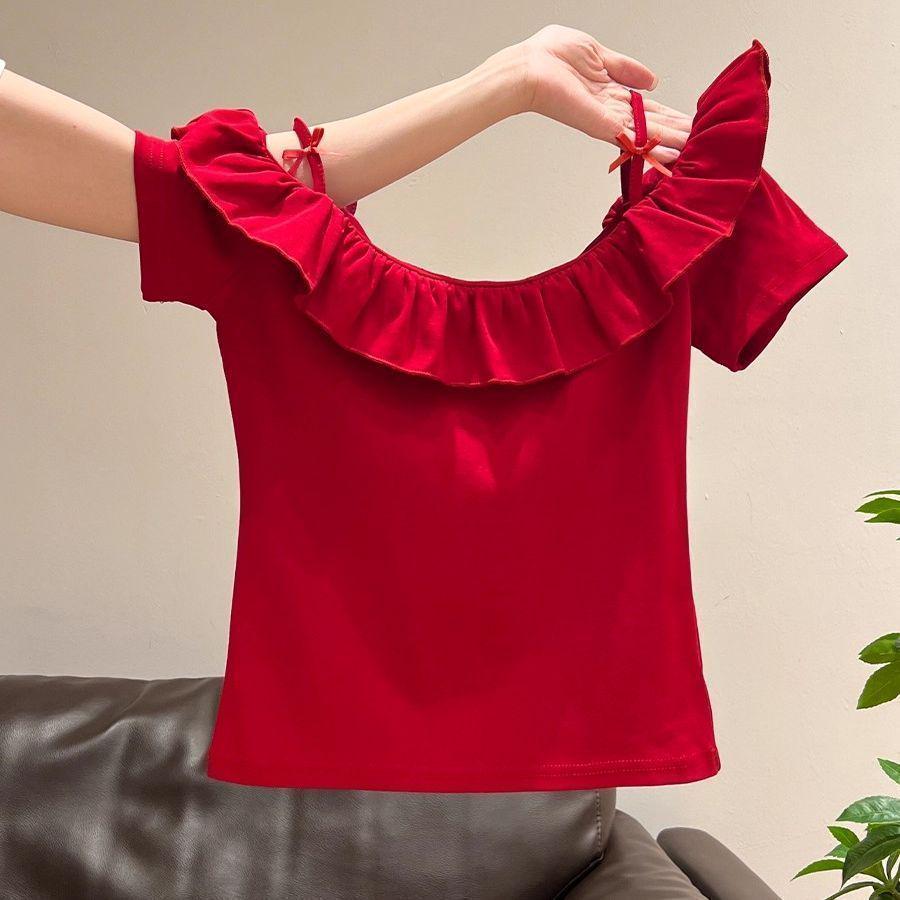 Top Estivo da Donna 2025 con Spalline Sottili, Scollo Bardot, Volant e Fiocco, Vita Sagomata, Vestibilità Slim