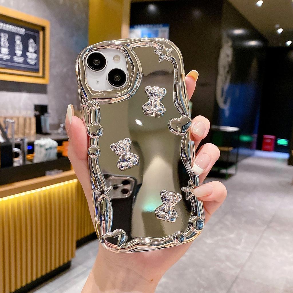 Electroplating Mirror Suitable for Apple 15 Mobile Phone Case Love Bracelet IPhone13 16PRO Silver Bear Full Cover Soft Shell
