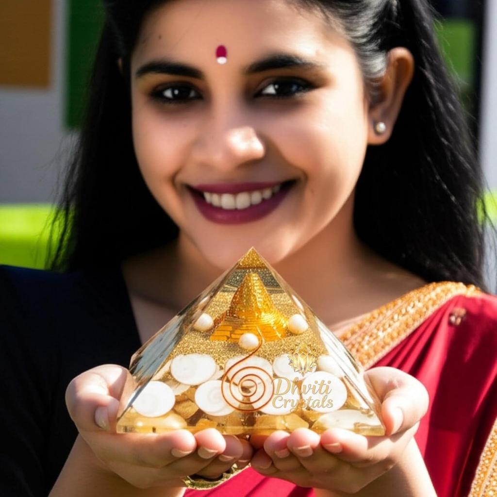 4 Inch Maha Laxmi Orgonite Pyramid with Shree Yantra, Rudraksha, Gomti Chakra & Pyrite | Vastu Dosh Nivaran