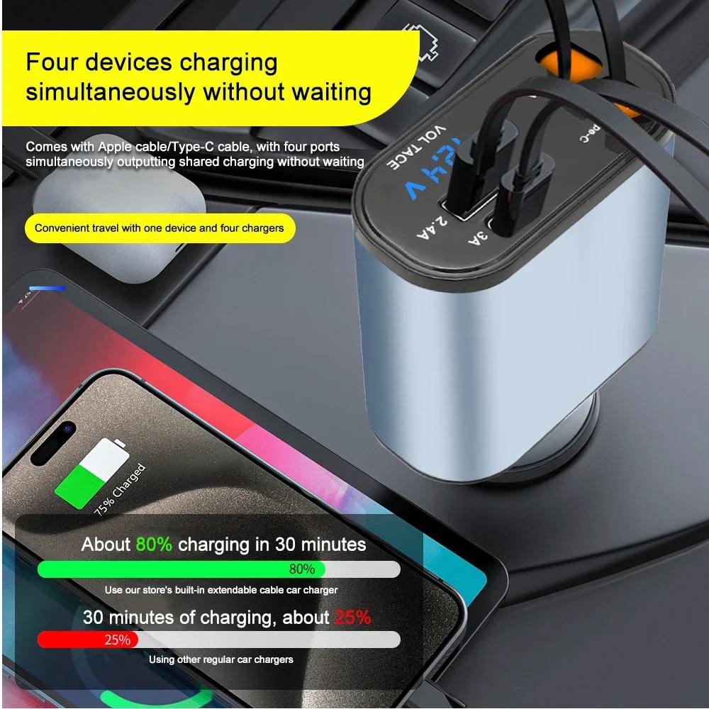 Retractable Car Charger, 4 In 1 Fast Charging Car Charger 120W, Type C Dual USB Ports Car Charger Adapter For IPhone Huawei LG