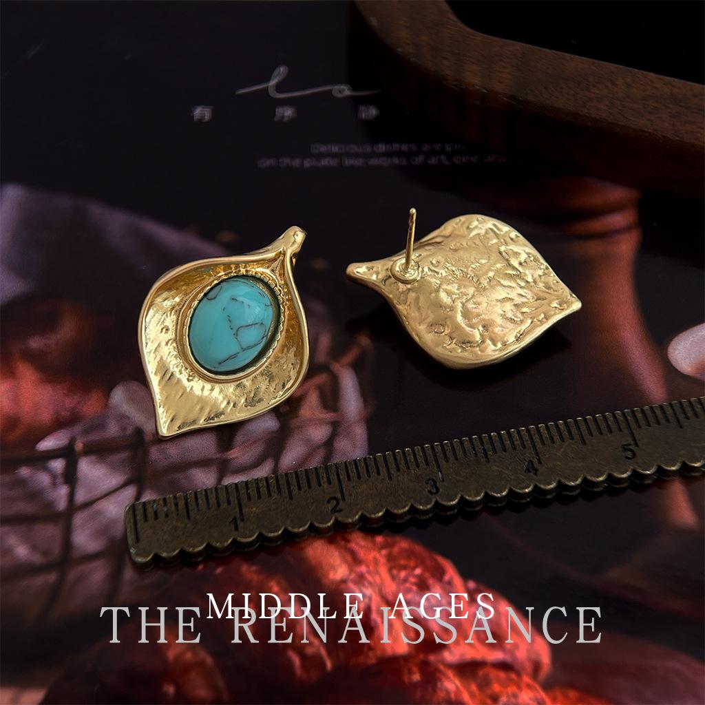 Medieval Retro Synthetic Turquoise Stud Earrings French Temperament Earrings Niche Earrings