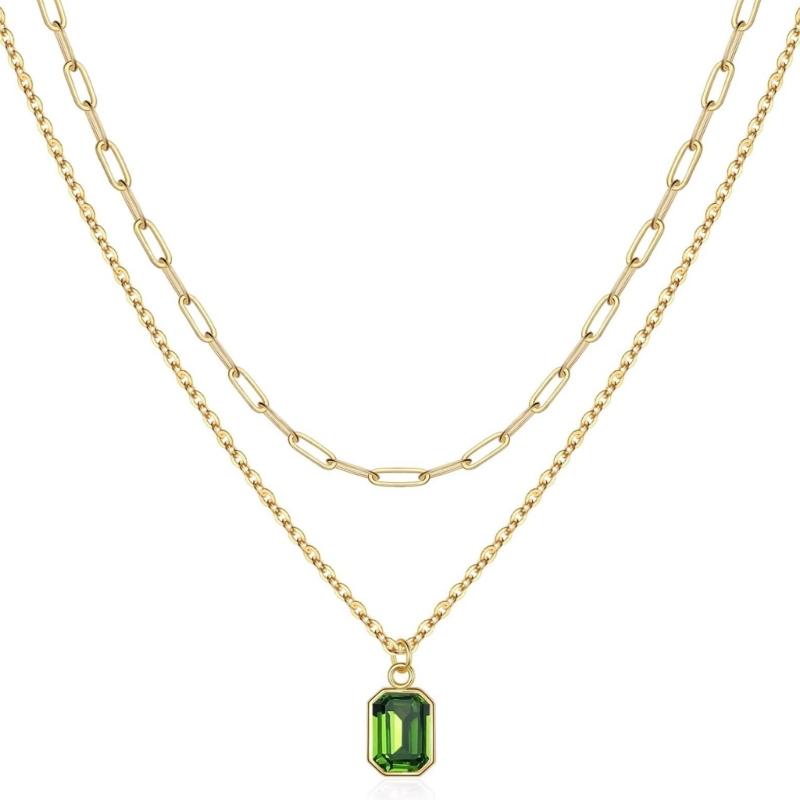 Elegant Double Layer Necklace Featuring December Birthstones And 18k Gold Plating Rectangular Design Neckchain For Women