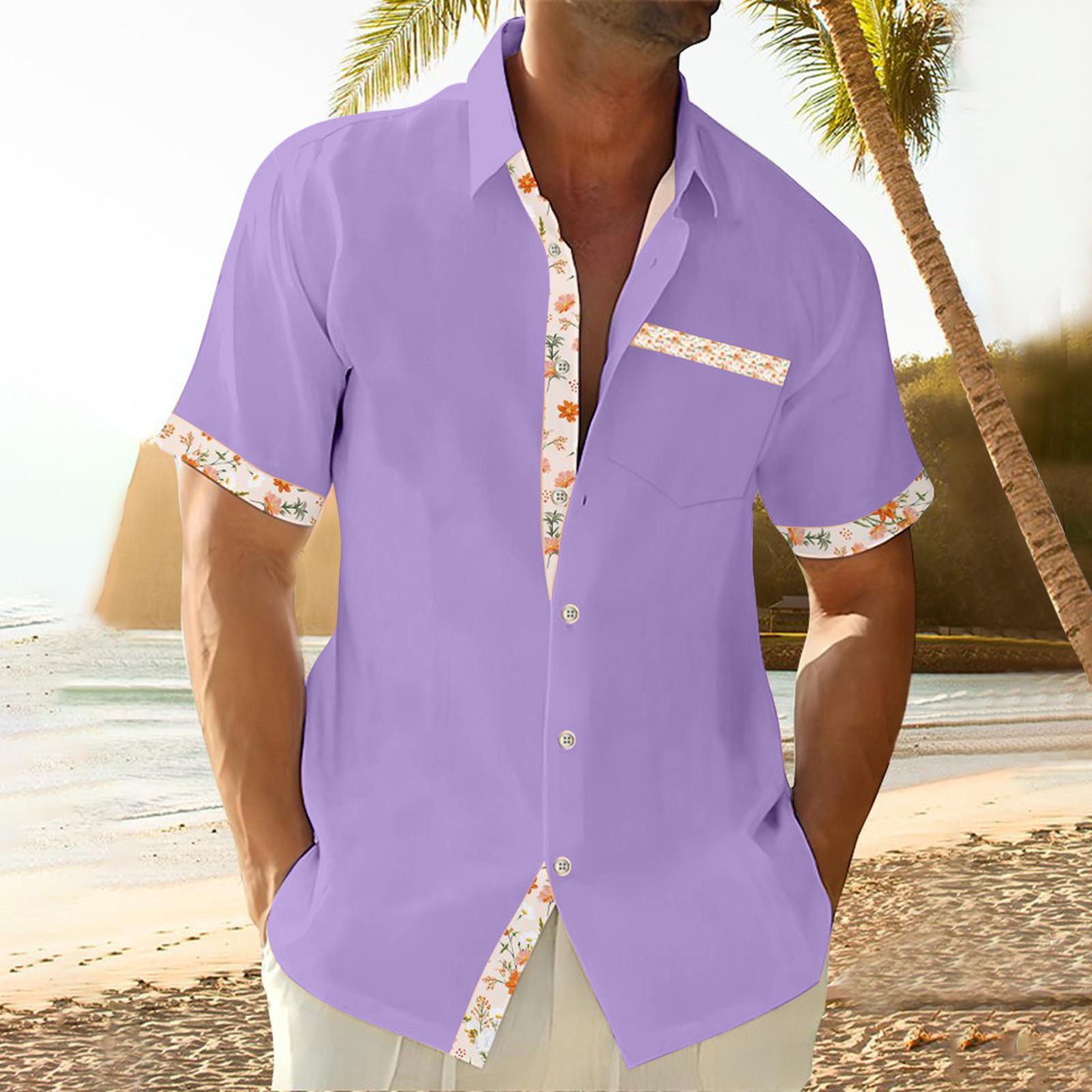 

Гавайская рубашка для мужчин, мужские винтажные рубашки для боулинга на пуговицах, летняя пляжная рубашка с коротким рукавом XXL фиолетовый