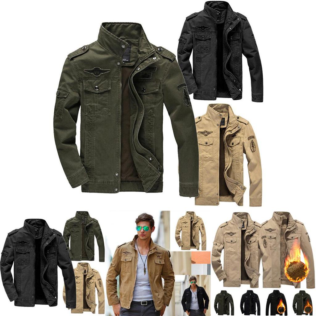 Men's Autumn Winter Thicken Military Jacket With Warm Lined Interior And Stand Collar