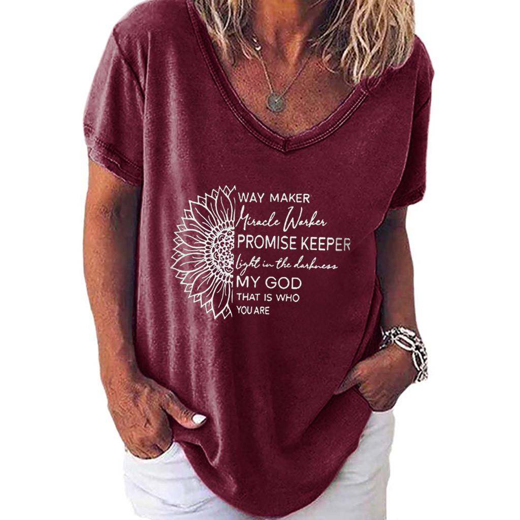 Womens Casual V Neck T-shirt Short Sleeve Letter Print Blouse Tops