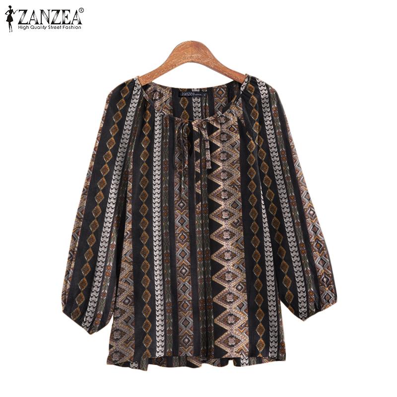 

ZANZEA Женская повседневная летняя блузка с круглым вырезом и рукавами 3/4 с принтом