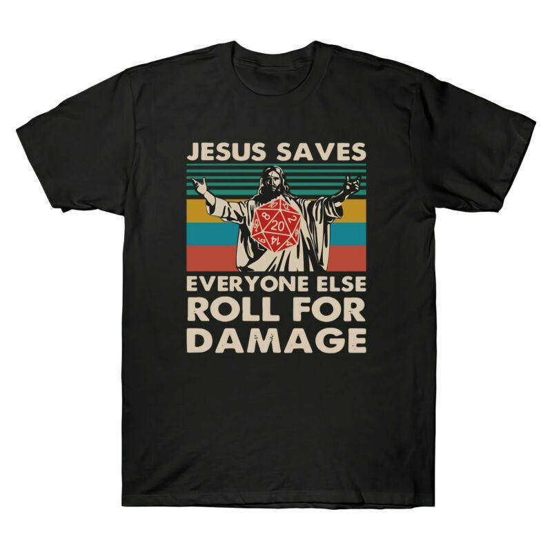 

Jesus Saves Everyone Else Roll Damage Vintage Men039;s T Shirt Retro Adult Tee Unisex T-Shirt XXXXL