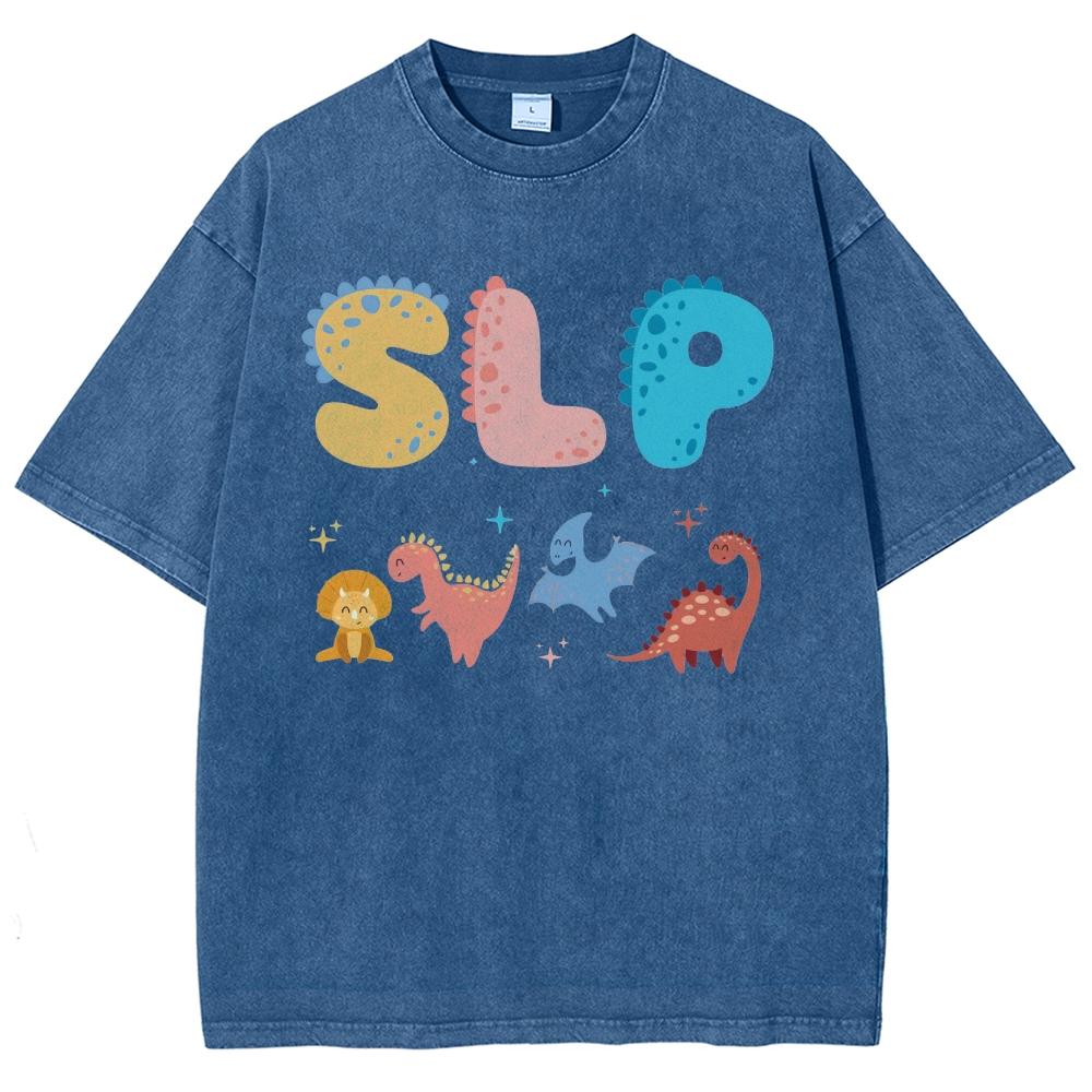 Cute Cartoon Dinosaur Letter Print Ladies T-Shirt Loose Wash Oversized Short Sleeve Fashion Retro Style Top