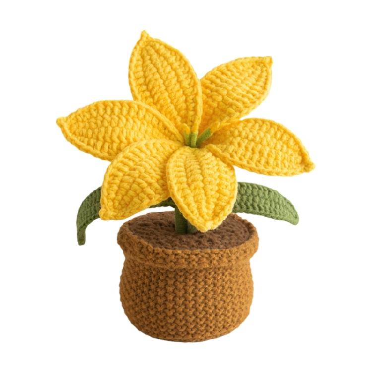 Crocheted Lilies Potted Plant Home Decors Artificial Knitted Flower Pot Ornament for Mother Day Teacher Appreciation Gift