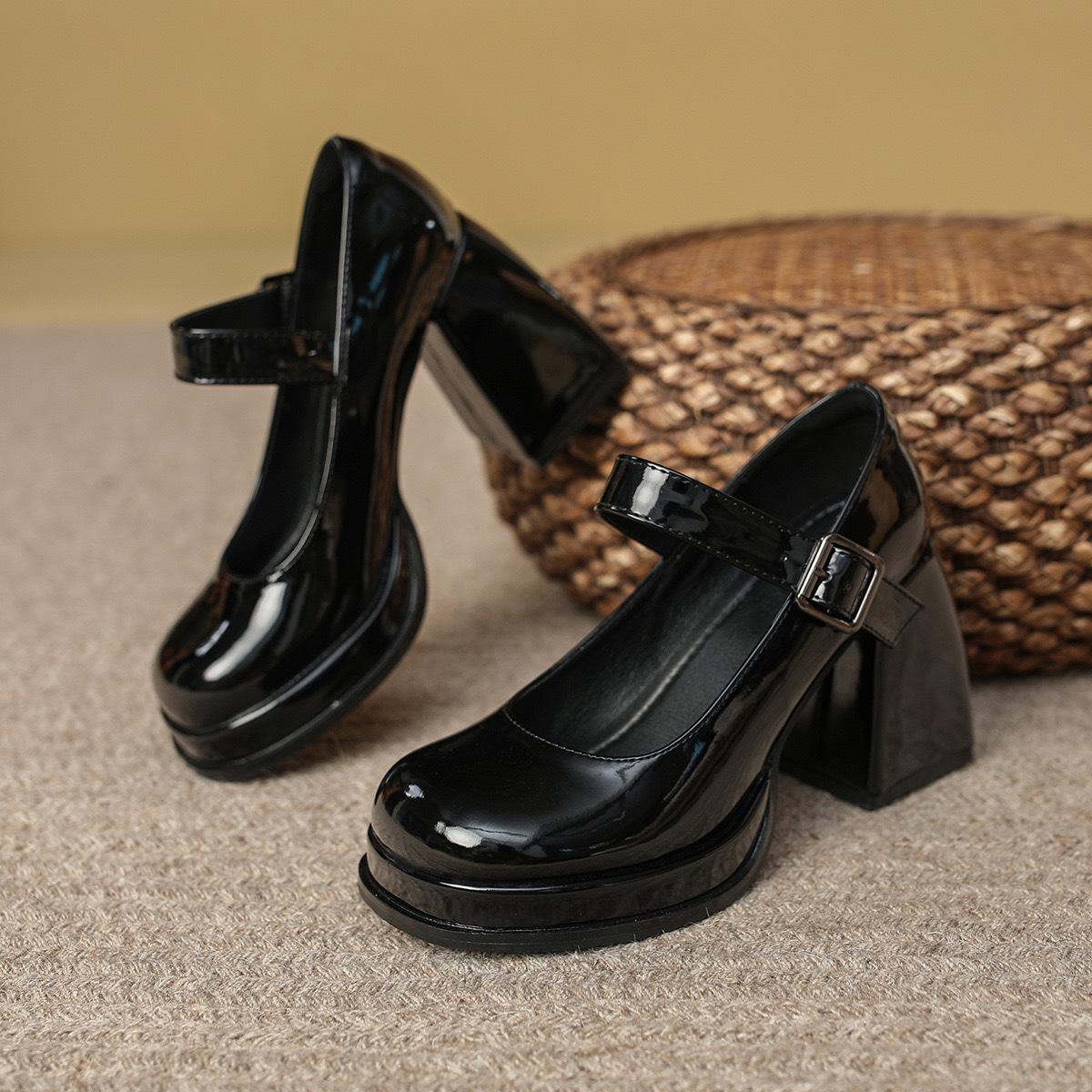 

Sheepskin version high heels women s wedding shoes French word belt Mary Jane shoes waterproof table thick heel single shoes temperament bridesma 34