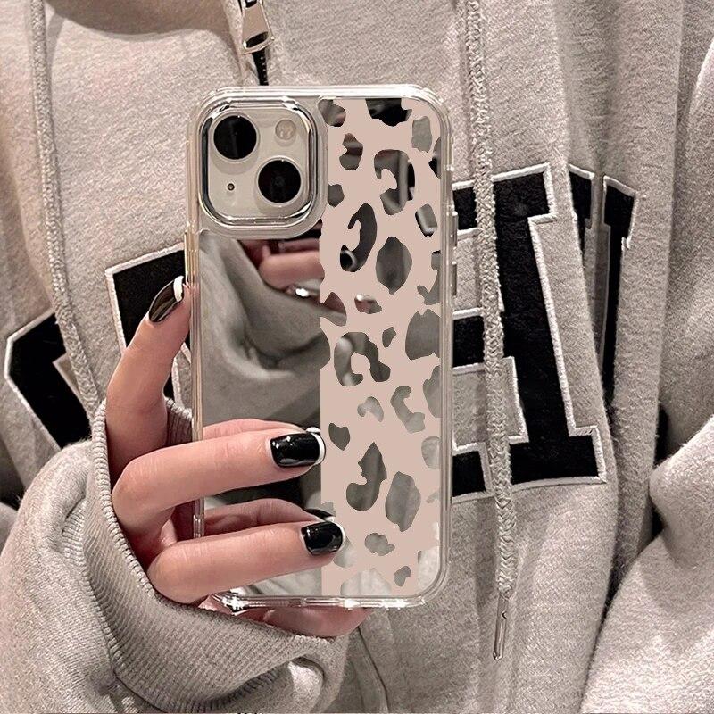 Leopard Print Phone Case For iPhone 15 Case Funda iPhone 13 11 12 14 15 Pro Max Abstract Soft TPU Shockproof Makeup Mirror Cover