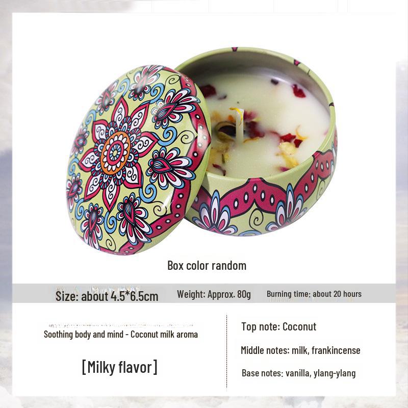 

Ароматерапевтическая свеча из соевого воска в этническом стиле с благовониями и эфирными маслами в жестяной коробке — идеально подходит для сна и релаксации. Medium Tin Box/Approx. 80g